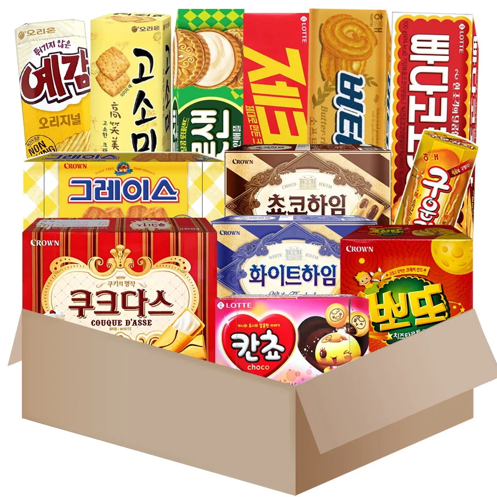 [AL0076]korean snack & biscuit box 13pcs{peanutsand+grace snack+Choco Heim+white Heim+(kancho choco+Coconut+Zec+lottesand+butterring+whitesand+cheesesand)biscuit+gosomi cracker+potatochip+potato stick} etc