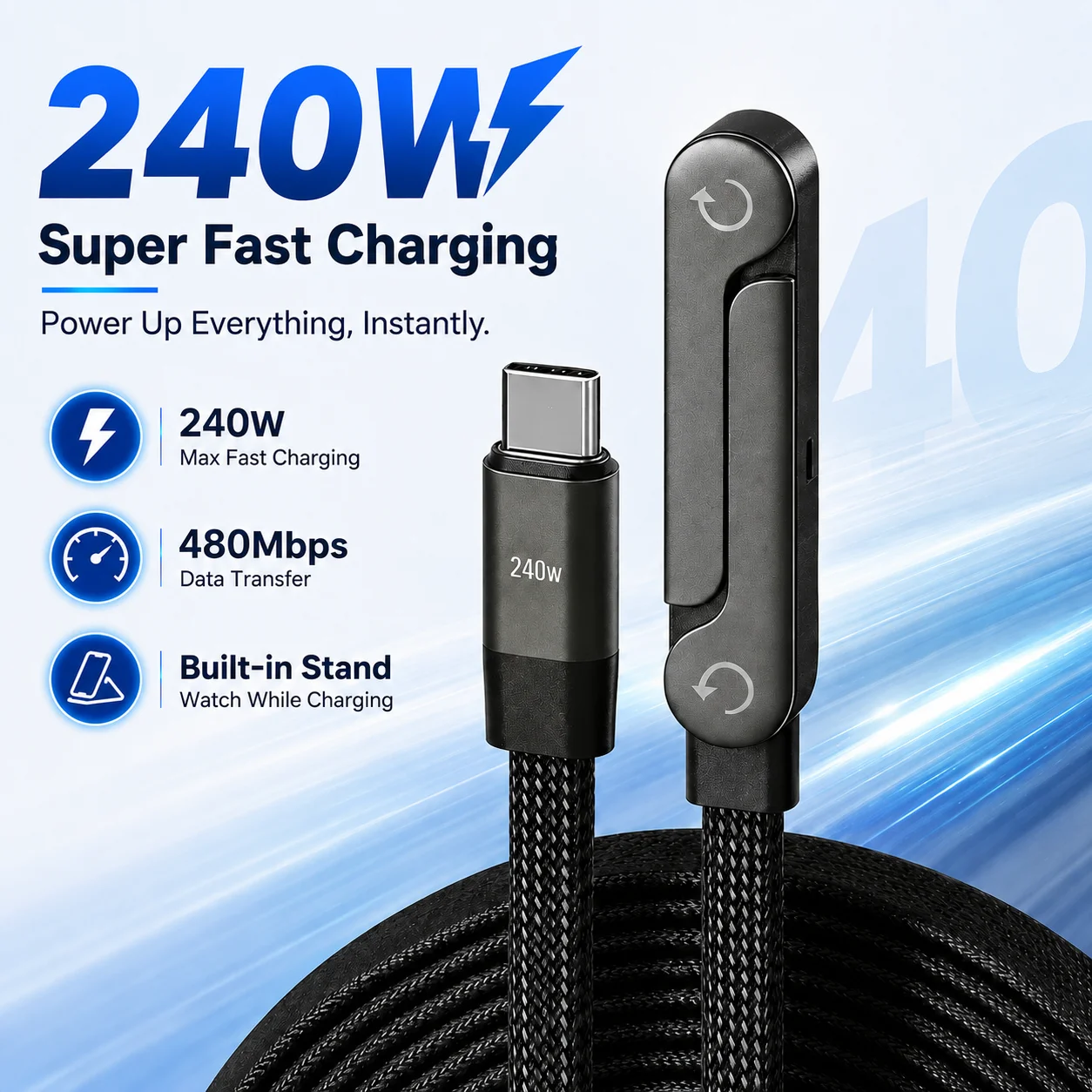 240W USB-C zu USB-C Kabel mit Faltbarem Handyständer, 6A PD Schnellladung Nylon-Geflochtenes Ladekabel für Laptop und Smartphone