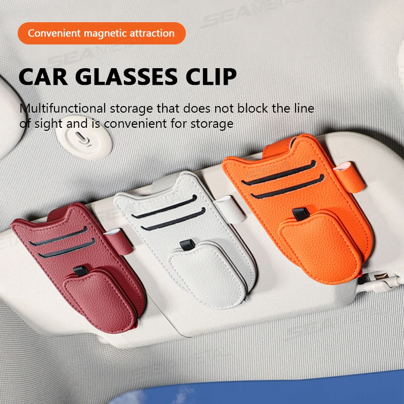 SEAMETAL Car Sun Visor Glasses Holder Magnetic Eyeglasses Hanger Clip Luxury Leatherette Car Sunglasses Holder Mount Universal image 2