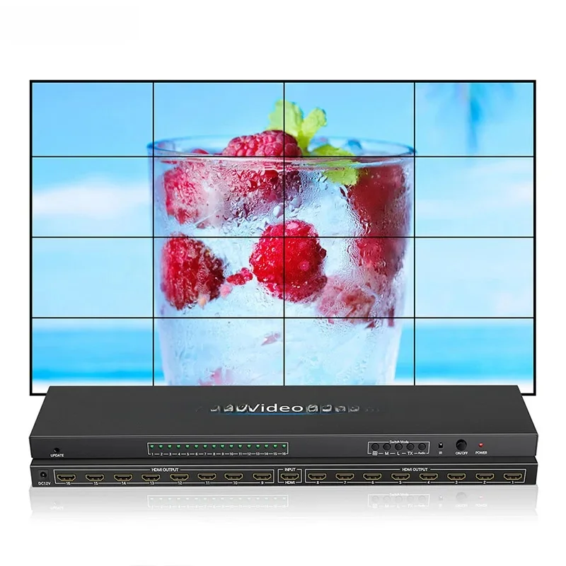 HDMI Video Wall Controller für 4x4 4K Video Wall Displays, Prozessor für 2x2, 2x3, 3x3, 5x2, 6x2, 2x7, 7x2, 3x5, 5x3 Bildschirmspleißen mit 16 Bildschirmen