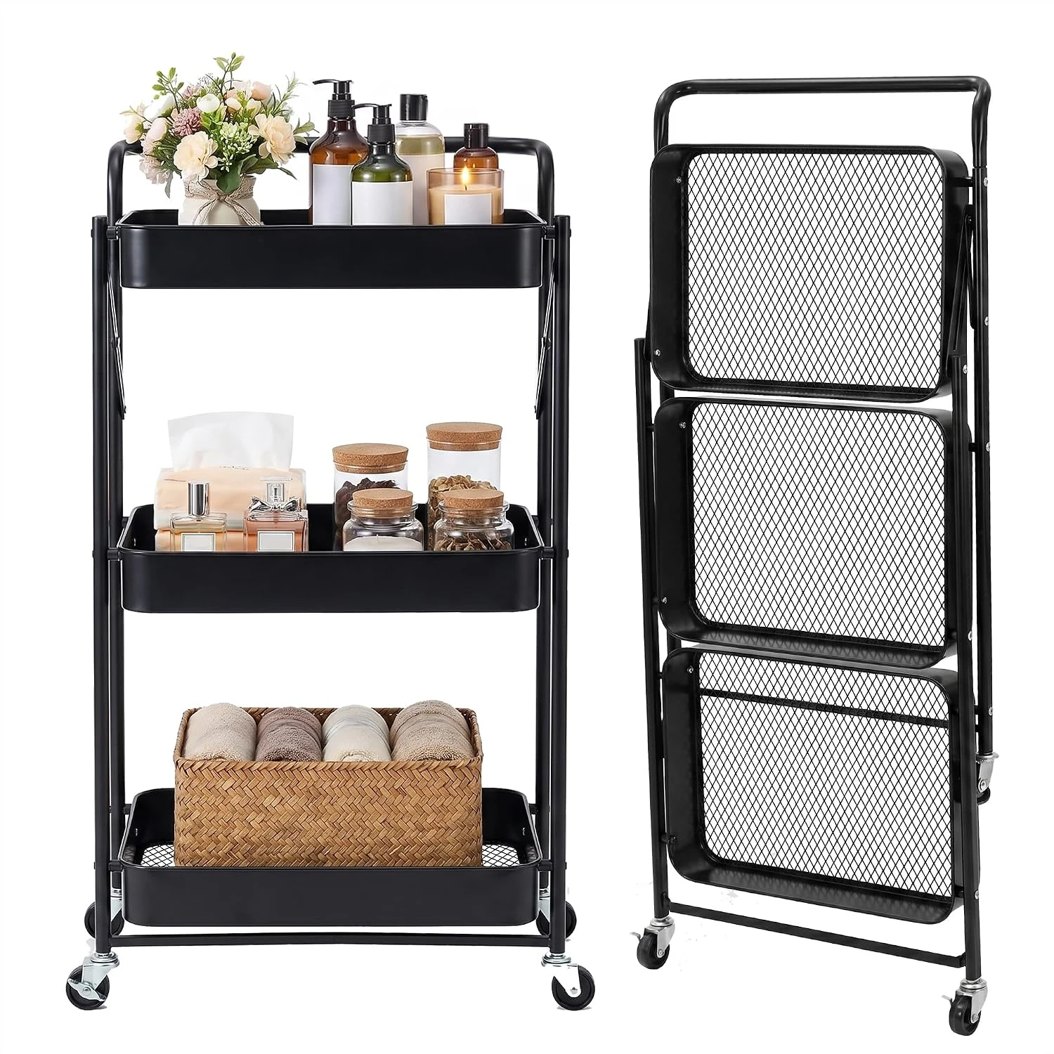 Foldable Rolling Storage Cart, 3 Tier Heavy Duty Metal Shelving Trolley With Lockable Caster Wheels, Compact Collapsible Design, Multi-scene Mobile Organizer For Kitchen, Bathroom, Dorm, Apartment, Craft Room & Laundry