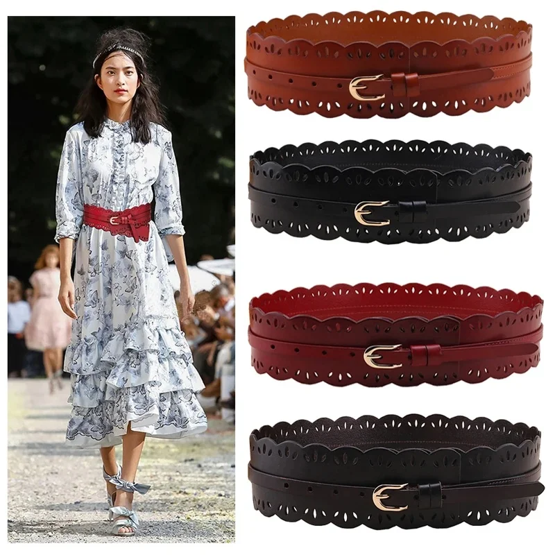 Western Cow Leather Hollow Out Women Cummerbund Fashion Dress Sweater Thicken Coat Women Wide Belt — zdjęcie 2