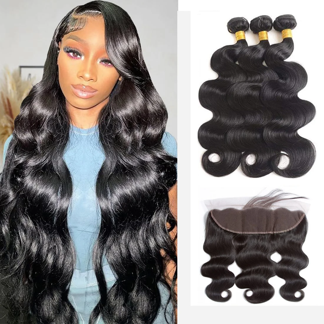 Body Wave Bundles with Closure 100% Unprocessed Brazilian Virgin Hair 3 Bundles with 13x4 Lace Closure Free Part Natural Color