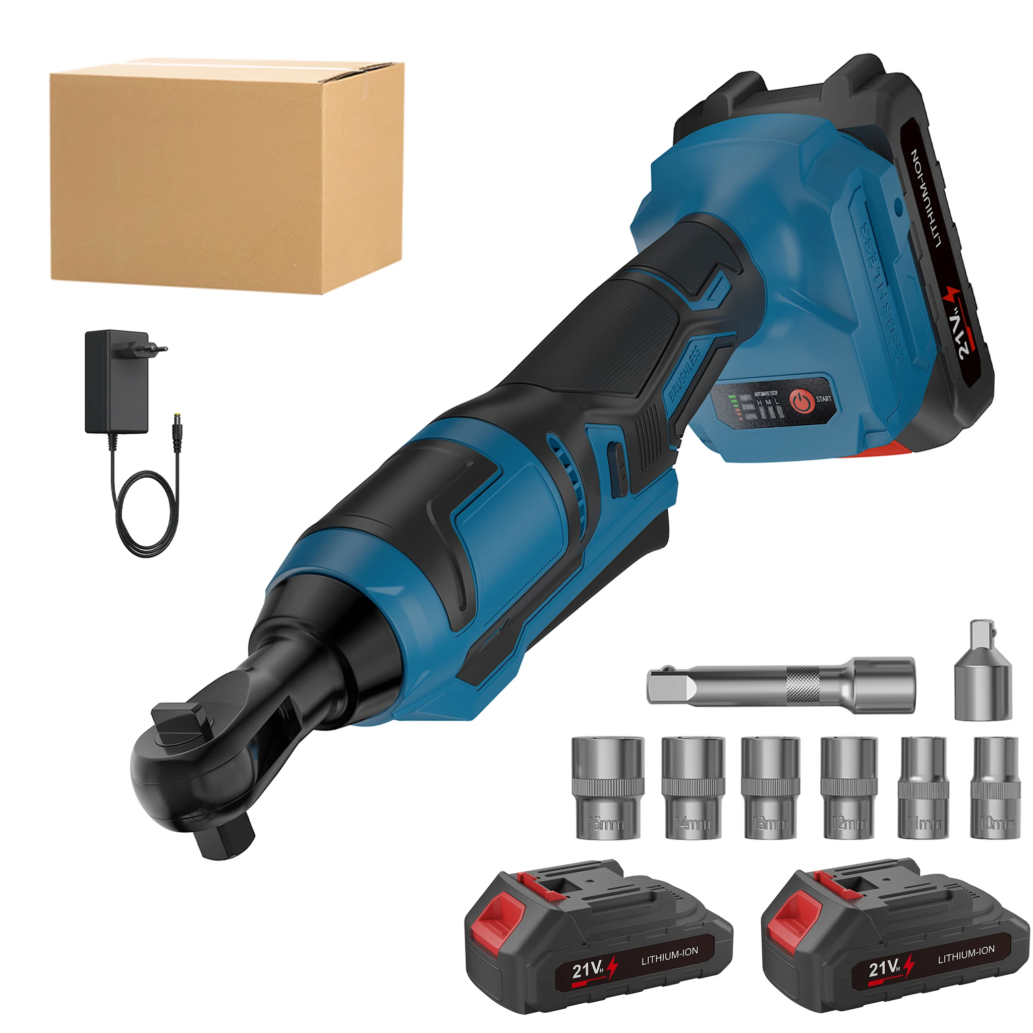 Zestaw elektrycznych kluczy nasadowych z mechanizmem zapadkowym, zasilany akumulatorem litowo-jonowym 21 V, 3/8", bezprzewodowy, moment obrotowy 250 Nm, dioda LED, 2800 obr./min, 90. ° Narzędzie do