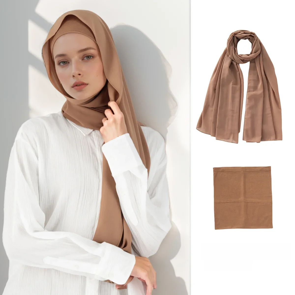 Ensemble Hijab Musulman en Mousseline de Soie, Tube Uni, Écharpe, Sous-Capuchon, Long Châle