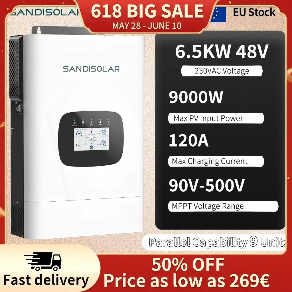 SANDISOLAR 6.5KW 48V On Off Grid Solar Inverter Pure Sine Wave 120A MPPT Hybrid 220V Dual Output Parallel Home Power System