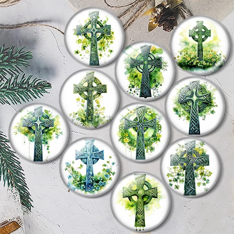 Celtic Cross Clovers Watercolor 10pcs 12mm/16mm/18mm/25mm Round Photo Glass Cabochon Demo Flat Back Making findings