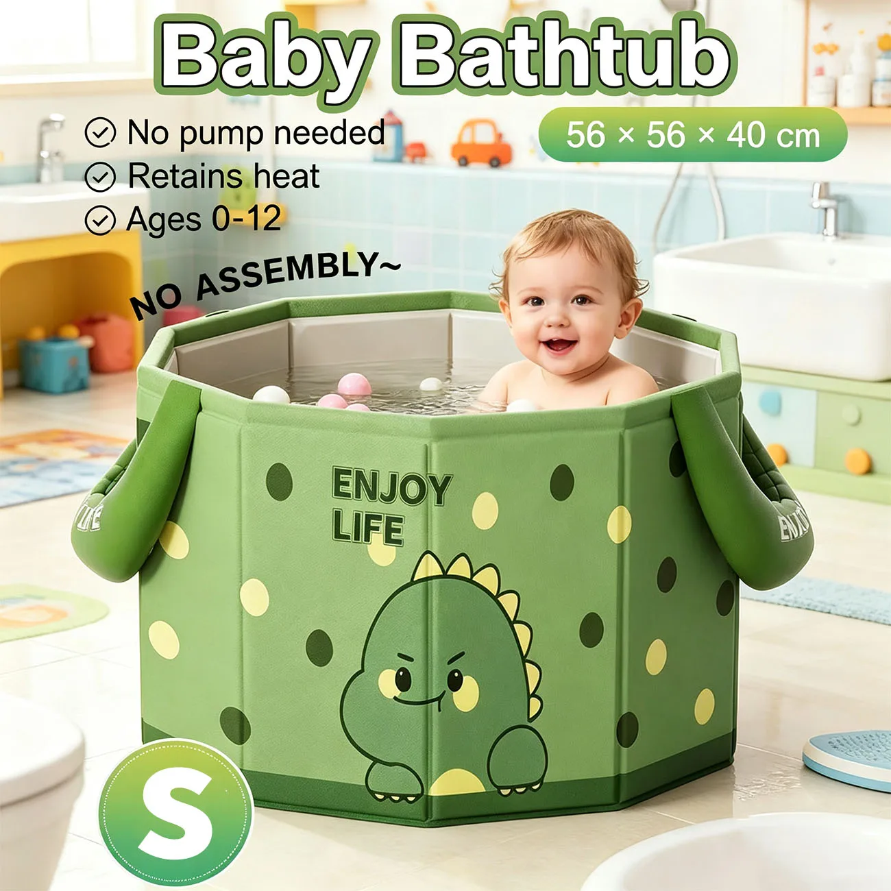 Portable Foldable Bathtub 56x56x40cm Octagonal Cartoon Dinosaur Soaking Tub Heat Retention No Pump for Home Bathroom
