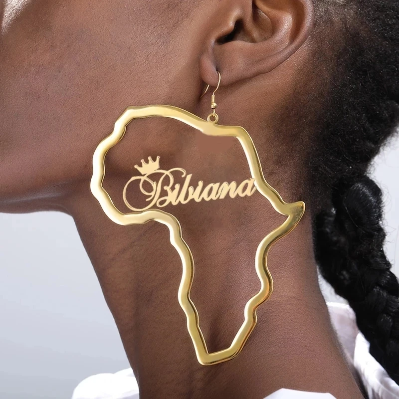 African Map Custom Name Earrings Stainless Steel Personalized Big Earring Exaggerate Africa Traditional Ethnic Jewelry For Women