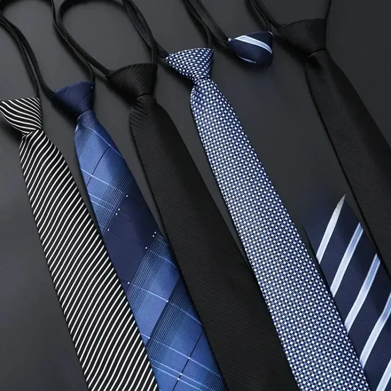 Chemise élégante à rayures bleues et noires pour hommes, robe d'affaires, col à fermeture éclair, cravates paresseuses, accessoires pour marié de mariage