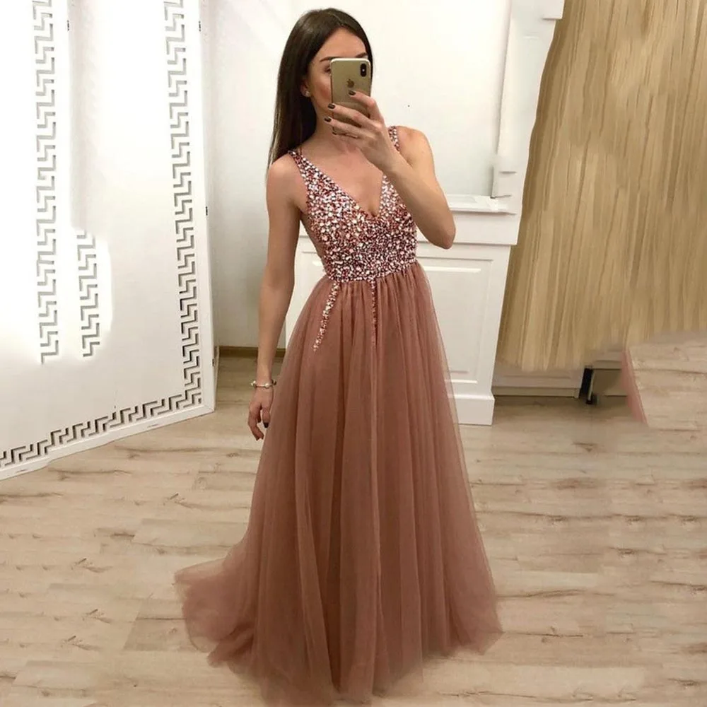 

New Arrivals Deep V Neck A Line Prom Dresses Sleeveless Sequin Beaded Gowns Floor Length Evening Party Dress