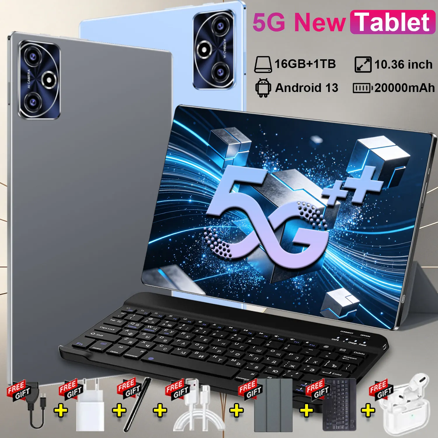Tablet 2026 20000mAh 14 Núcleos 16GB 1TB Cámara 16+32MP Doble SIM 10.36 Pulgadas HD WiFi 5G Bluetooth GPS Tablet para Estudio y Negocios