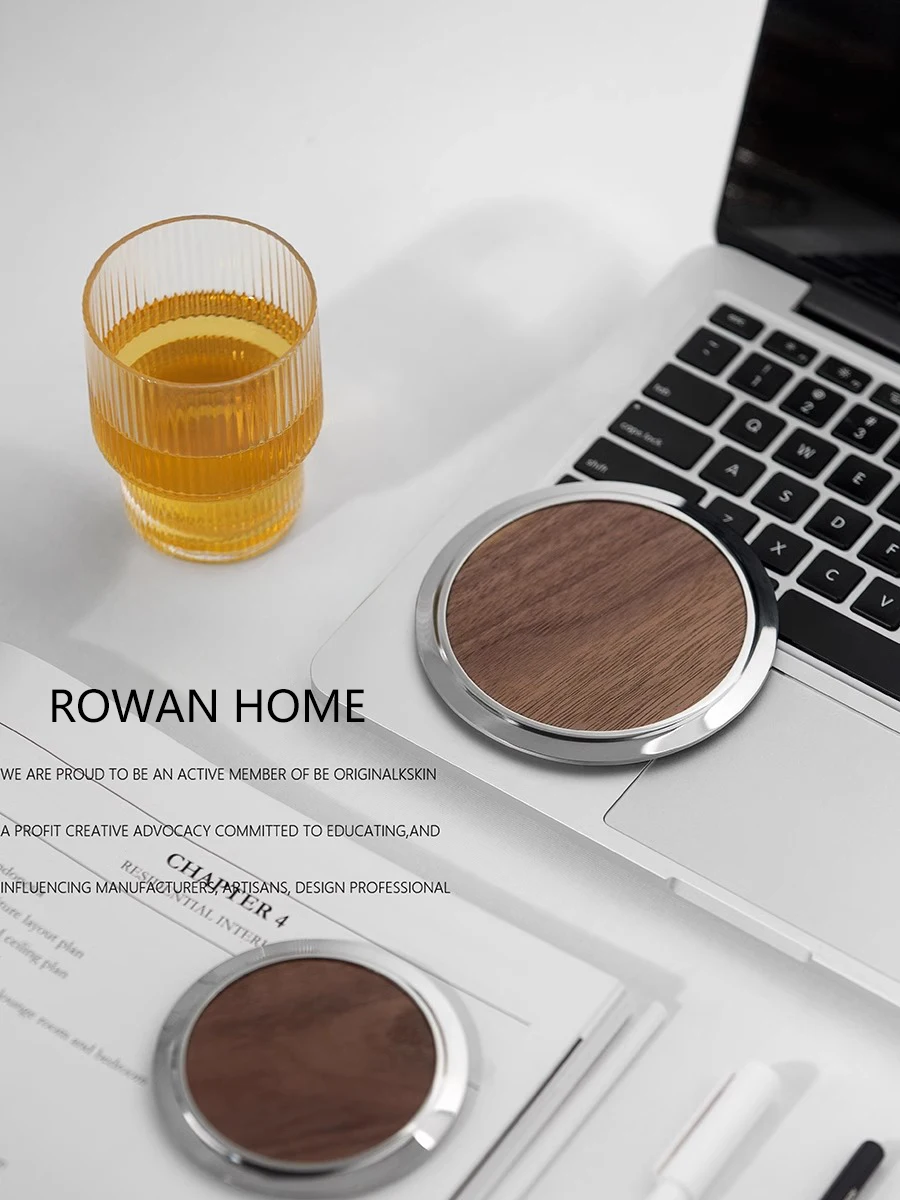 

Walnut Wood Coaster with Stainless Steel Trim, Luxury Round Coasters for Home Decoration, Table, Office, Kitchen, 3PCs