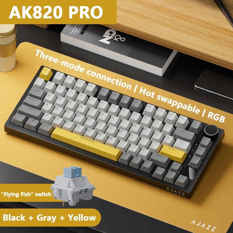 AJAZZ AK820 PRO Draadloos Mechanisch Gaming Toetsenbord met Scherm, Hot Swappable RGB Gaming Toetsenbord met Gasket Design, 2.4G/Bluetooth/USB-C