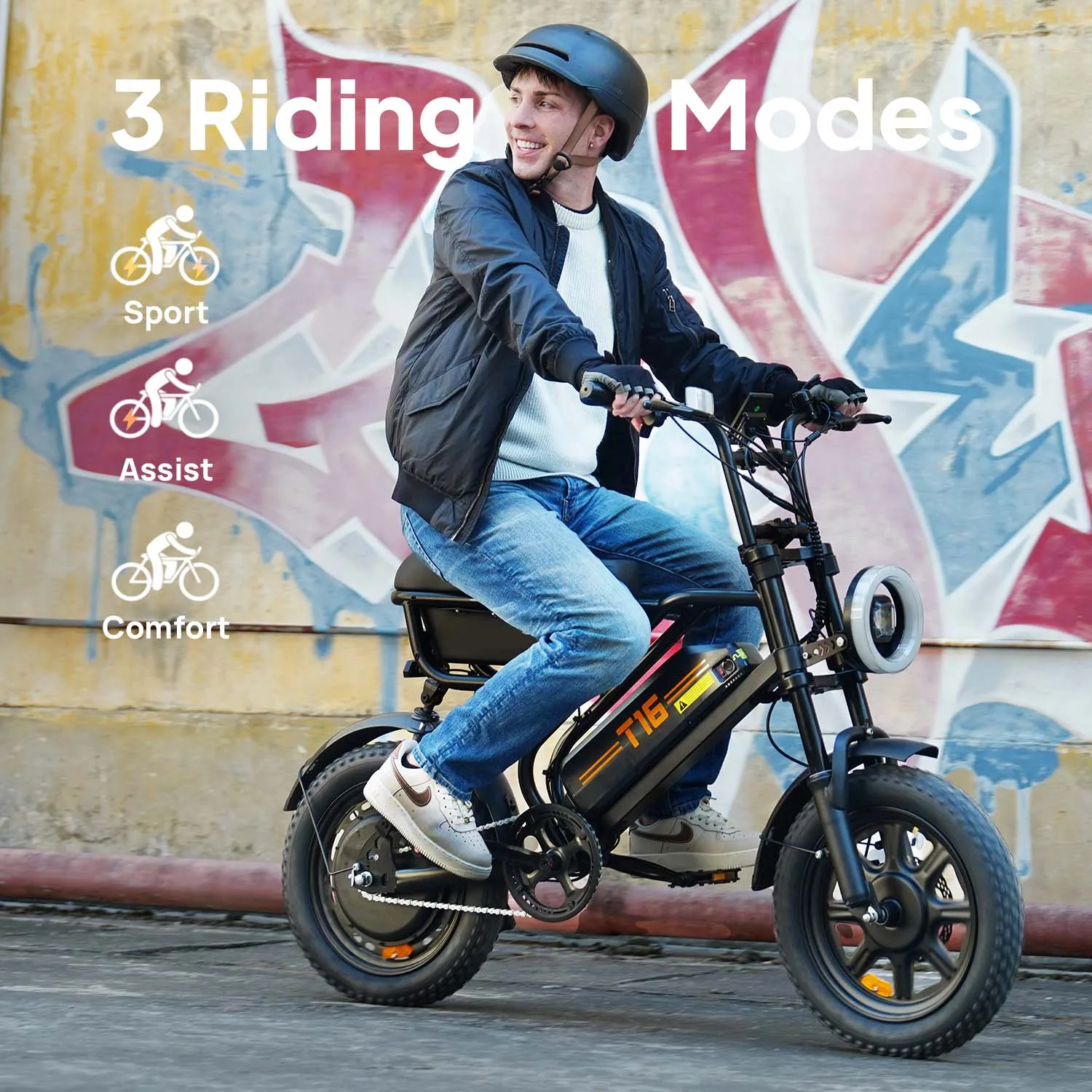 Image of Elektrofahrrad Urlife T16 mit breiten Reifen 16*3 Zoll, 48V Batterie, doppelter Federung, faltbar, tragbar für den täglichen Gebrauch, elektrisches MTB für Erwachsene.