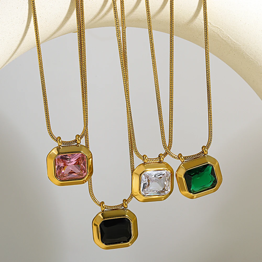 2024 Lucky Stone Pendant Necklace For Women Girls Stylish Stainless Steel Clavicle Chain Collar Choker Zircon Jewelry Gift