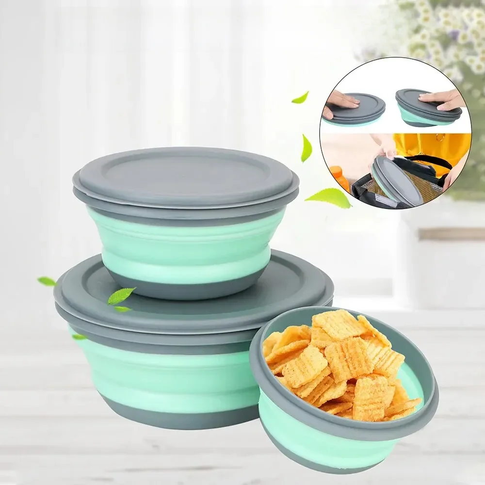 3 Pieces Silicone Folding Bowls with Lid Foldable Lunch Box Portable Salad Bowl Sets