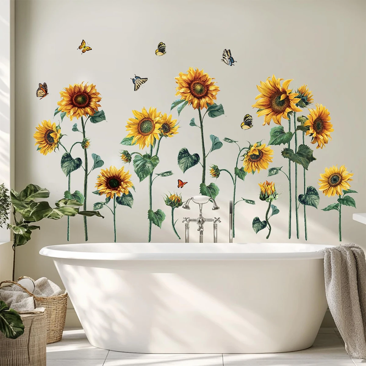 Autocollants muraux tournesol aquarelle, décalcomanie florale papillon, papier peint mural amovible en PVC motif fleur jaune, décoration maison et salle de bain