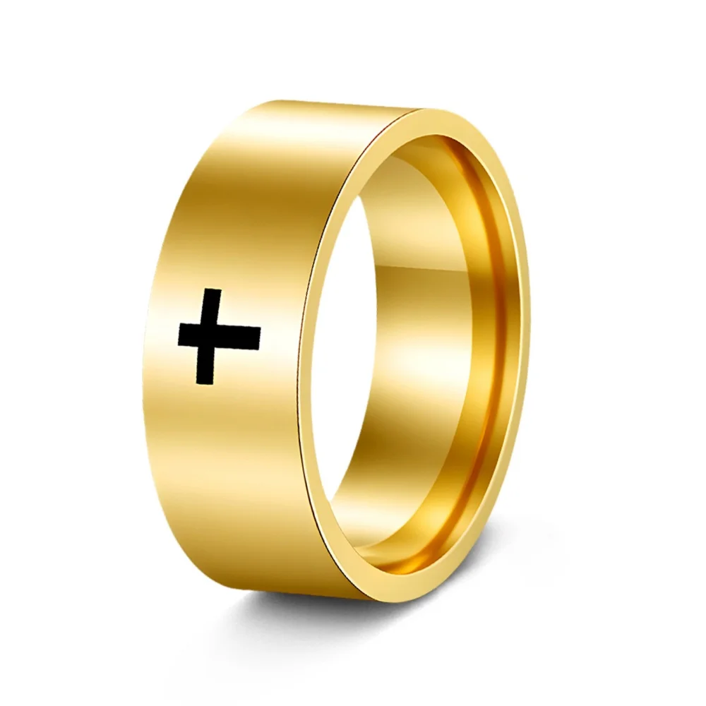 Christlicher Kreuzring für Männer, breiter schwarzer Schmuckring, religiöser Ring in Gold- oder Silberfarbe, polierter Symbol-Statement-Ring – Detail 3