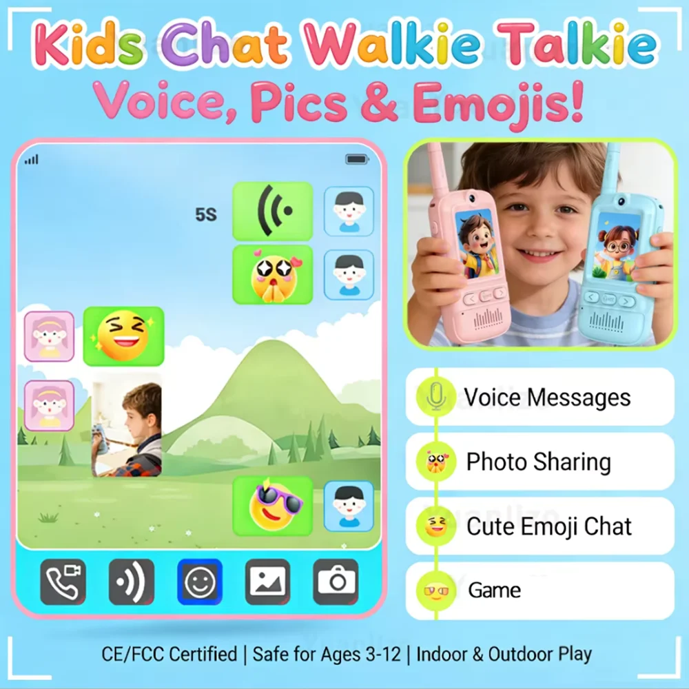 Kids Walkie‑Talkie Set Blue Pink 2Pcs Video Intercom Toy Rechargeable Portable Two‑Way Radio with Lanyard for Children Outdoor Camping Game Play