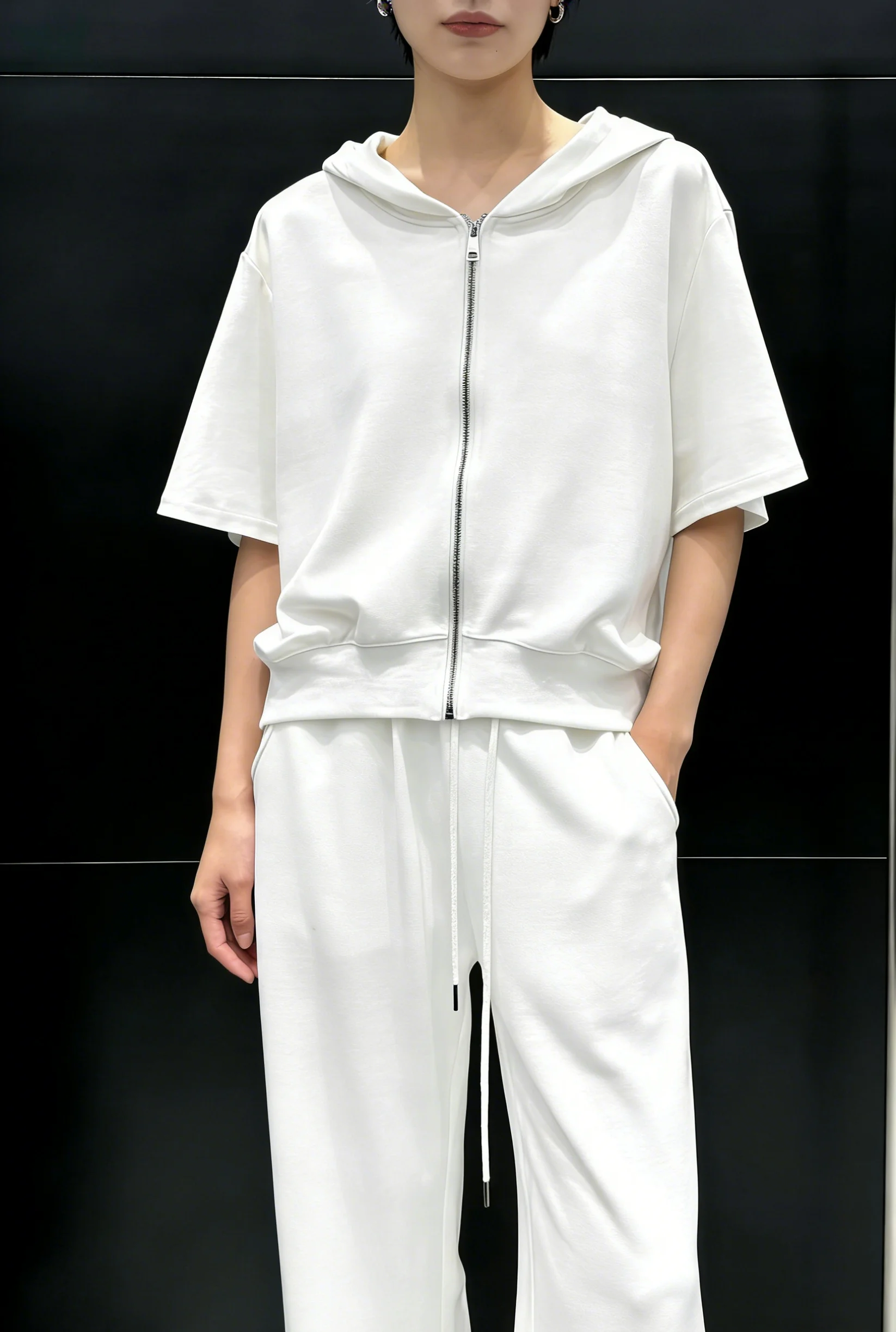 

2026 Summer Women's Casual Hooded Fashion Short-Sleeve Jacket with Patched Waistline Wide Leg Pants Set LH02