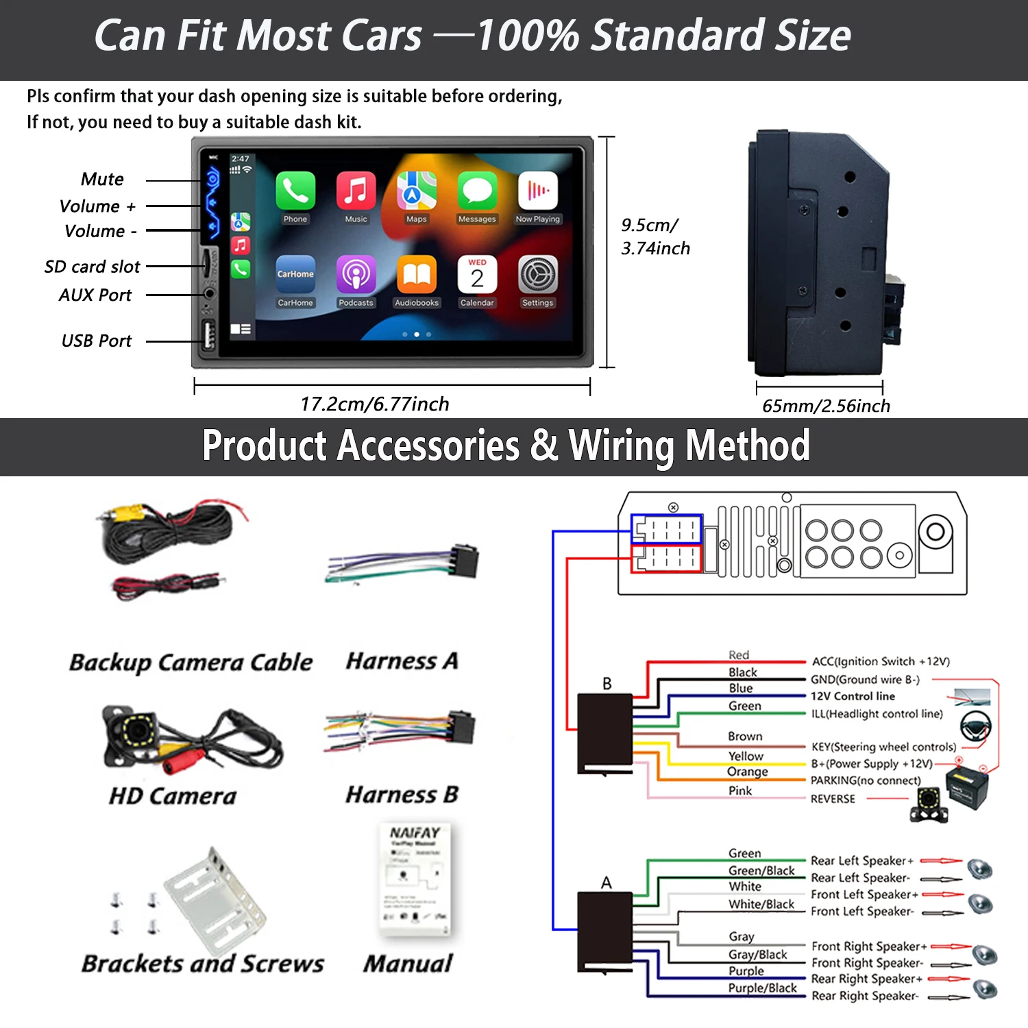 Naifay 7 Inch HD Touchscreen Car Stereo 2 Din Car Video Player CarPlay Android Auto with Bluetooth Rear View Camera USB AUX TF - Image 6