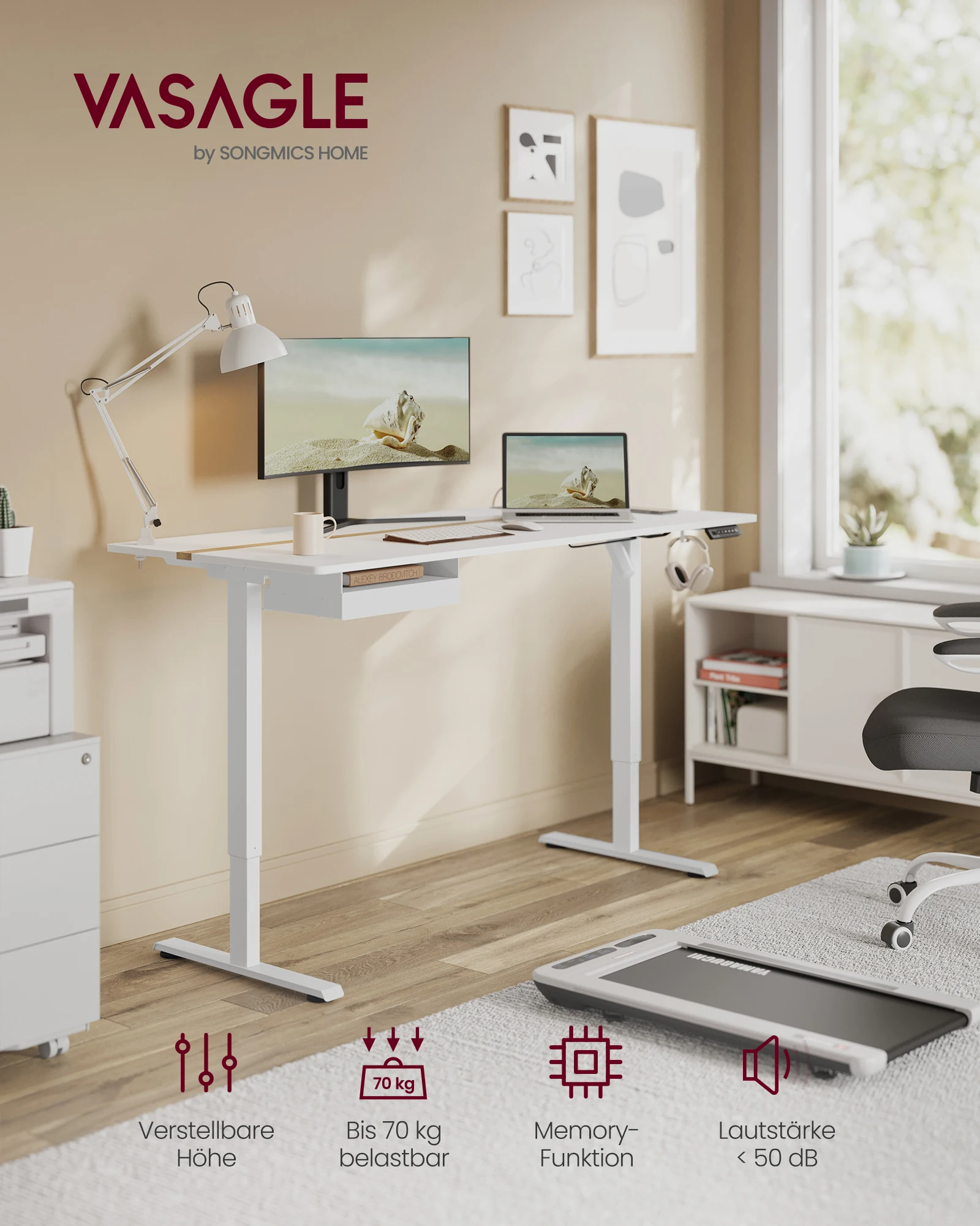 VASAGLE Höhenverstellbarer Schreibtisch elektrisch, 70 x 160 cm Tischoberfläche, stufenlos verstellbar