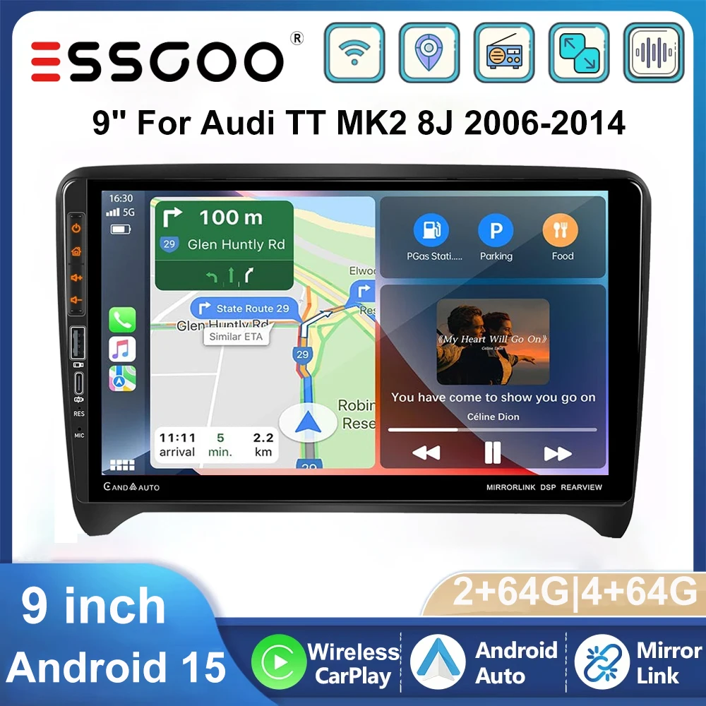 ESSGOO 9 Zoll Autoradio Stereo Android 15 4+64GB Für Audi TT MK2 8J 2006‑2014 Tragbares Kabelloses CarPlay Android Auto GPS Navigation RDS FM WIFI Bluetooth Mirror Link Lenkradsteuerung Touchscreen