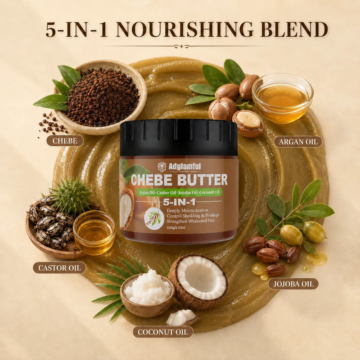 Adglamful Chebe Hair Butter 100g, 5-in-1 Moisturizing Hair Cream with Argan, Castor, Jojoba & Coconut Oils