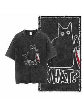 Cat Printed Cotton Acid Washed Exclusive Graphic Unisex T Shirt Cool Streetwear Men Tshirts Big Size Tee for Men