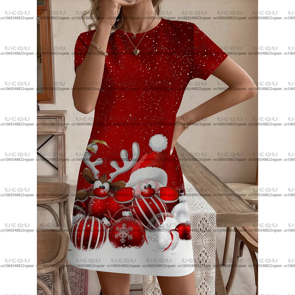 المرأة عيد الميلاد سانتا طباعة فستان ماكسي الفتيات تي شيرت فستان عادية تي شيرت تنورة هدية حفلة Y2k الملابس عطلة الاحتفالات