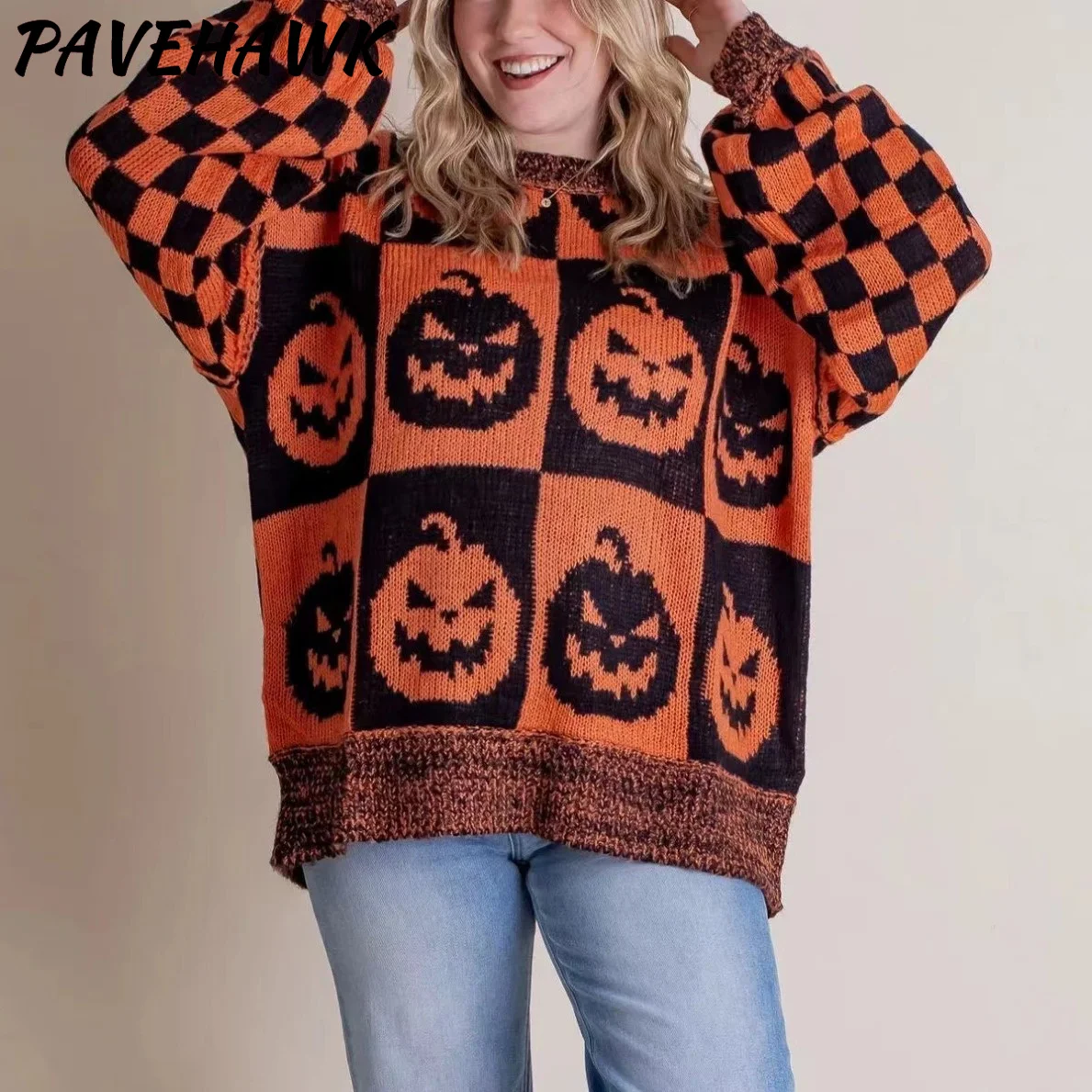 Women Halloween Pattern Print Sweaters Autumn Winter Harajuku O Neck Loose Pullovers Streetwear Casual Party Female Knitted Tops