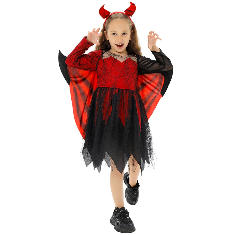 

Новое поступление 2023 года, костюм маленького дьявола для девочек, красное платье демона с роговой повязкой на голову, комплект с крыльями и трезубезом для детей, праздничное платье на Хэллоуин