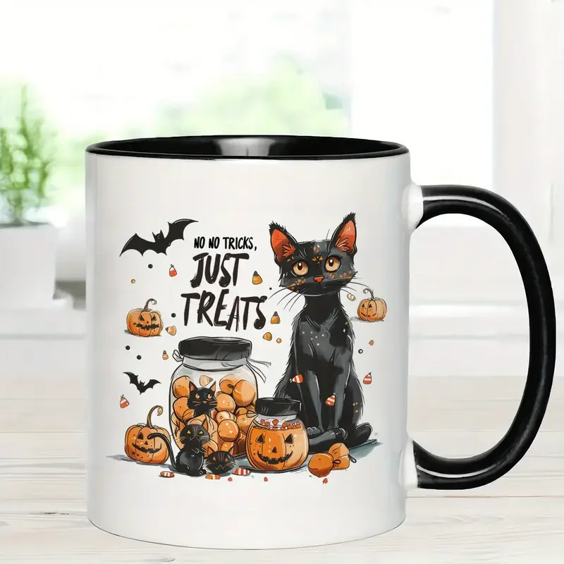 2 pcs  3A grade, NO NO TRICKS, JUST TREATS, funny mug, Halloween mug, black cat mug, 11oz ceramic coffee mug, room decoration