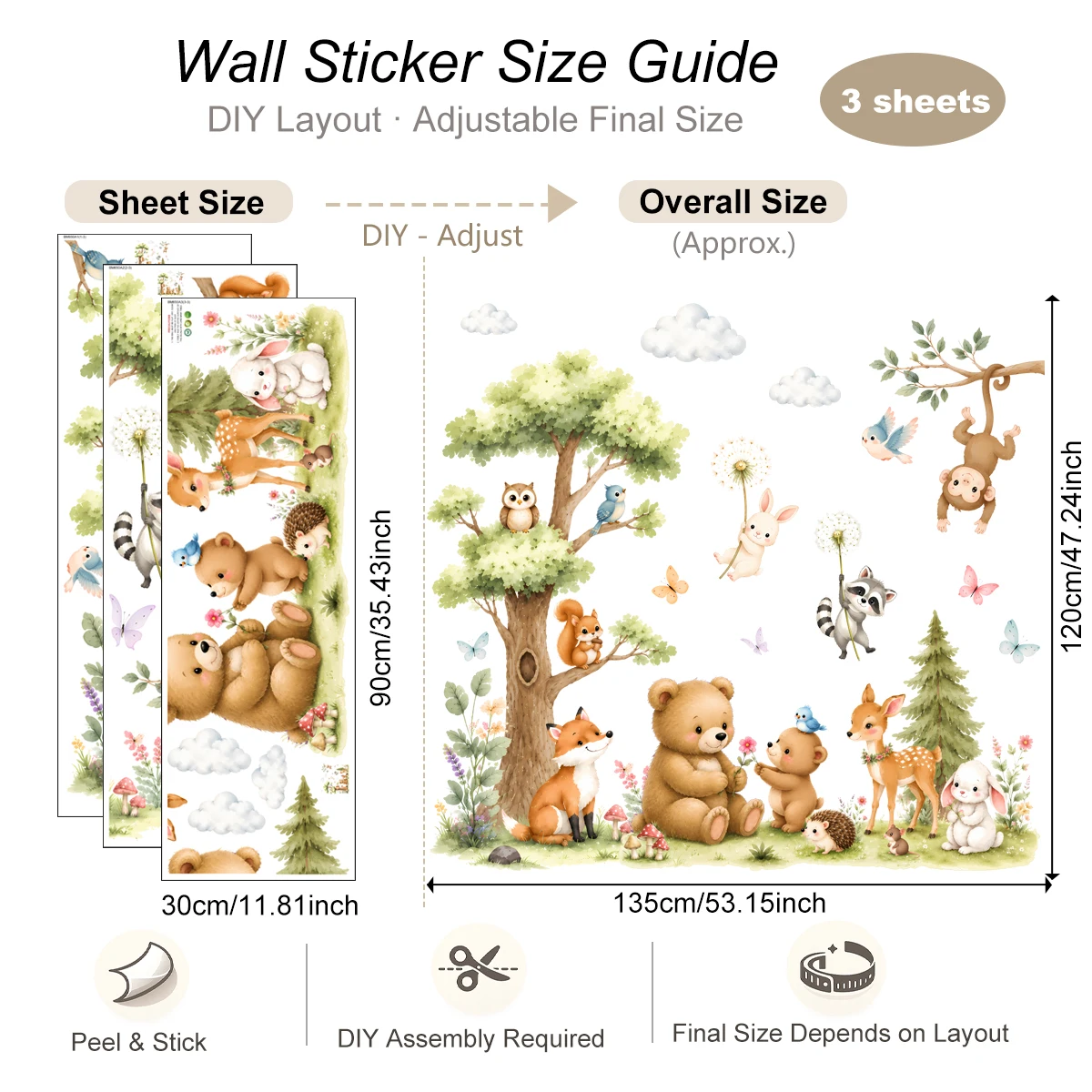 Watercolor Woodland Tree Wall Stickers Forest Bear Fox Deer Decal Self Adhesive Wallpaper for Baby Nursery Kids Decor