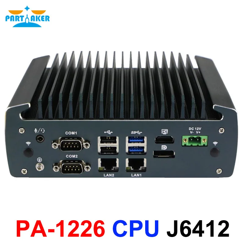 Partaker J6412 Mini PC senza ventola 6 COM Triple LAN HDMI DP Win11 Linux TPM 2.0, 9-36 V Ampia tensione, Computer industriale