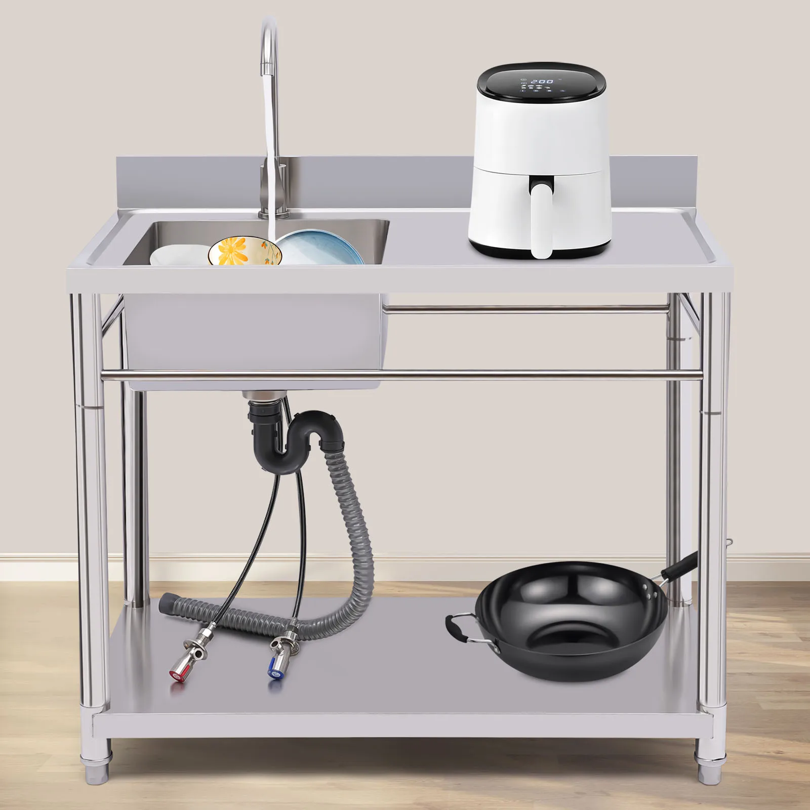 

304 Stainless Steel Free Standing Prep Table Utility Sink with Console & Stand for Outdoor Indoor Garage Kitchen Laundry Room