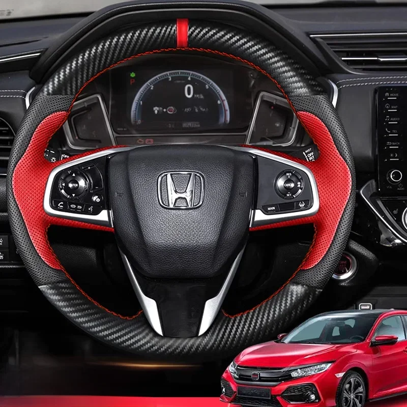Skórzany pokrowiec na kierownicę z włókna węglowego do Hondy Civic Sedan Rs 2016 2017 2018 2019 CRV Akcesoria samochodowe w sportowym stylu — zdjęcie 2