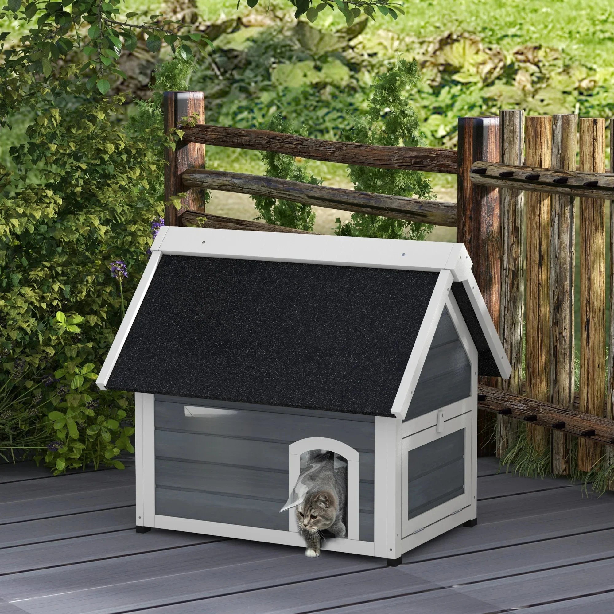 Pawhut houten kattenhuis met opklapbaar asfaltdakraam en deuren - afbeelding 2