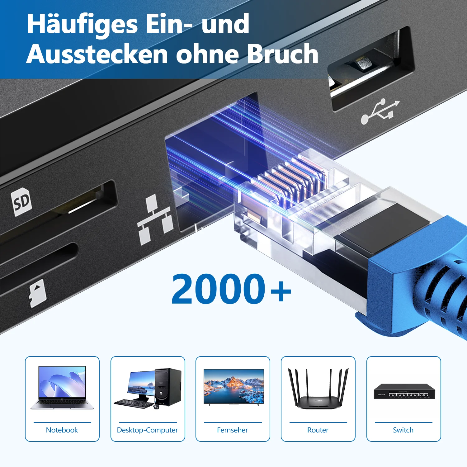 كابل تصحيح UTP Cat5e Ethernet مع قابس RJ45 باللون الأزرق