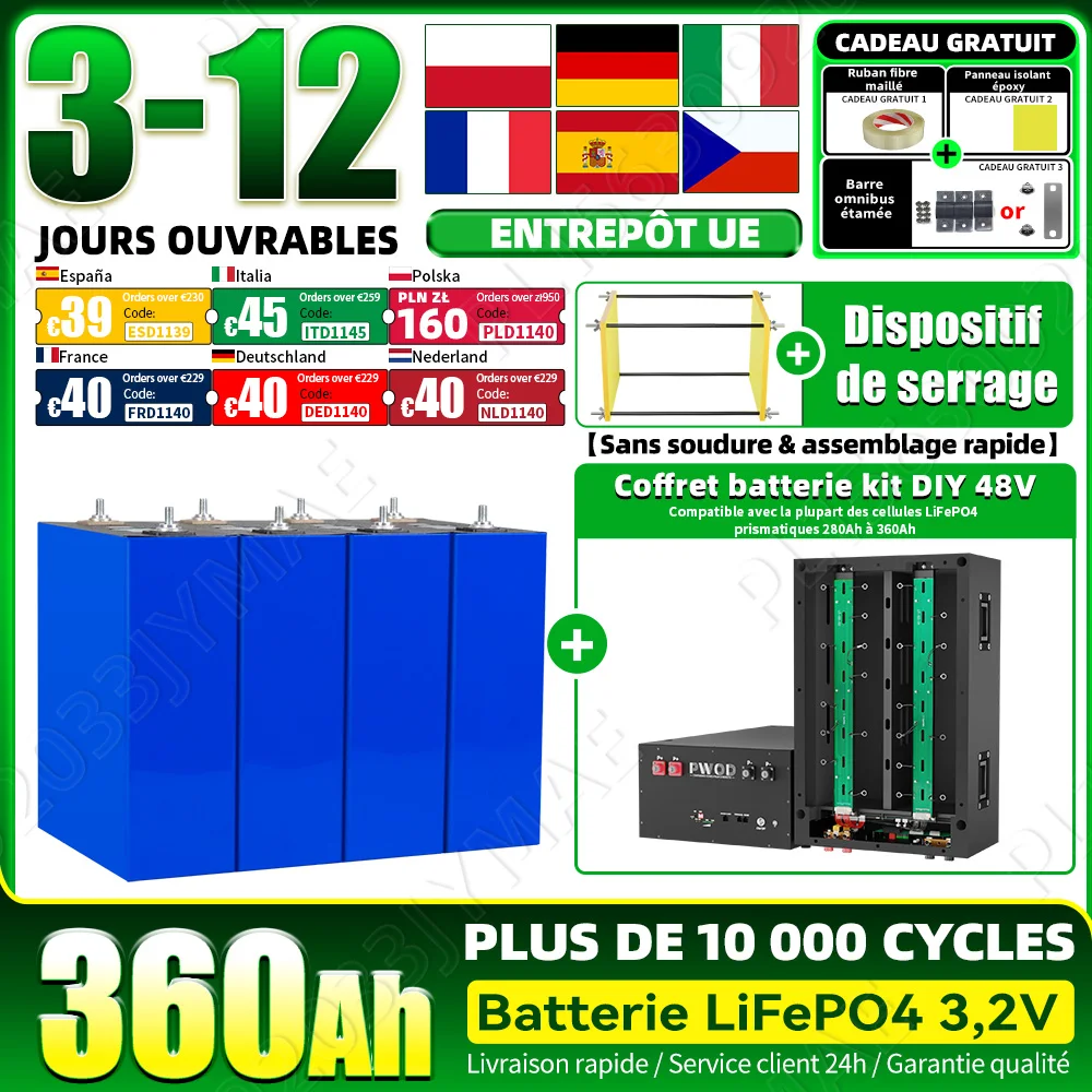 Batterie Lifepo4 de qualité supérieure 3,2V 360Ah, cellule rechargeable au phosphate de fer et de lithium de haute qualité, supporte 10000 cycles en mode décharge profonde, DIY 12V 24V 48V pour camping-car, yacht, énergie domestique, système solaire hors réseau, stock UE