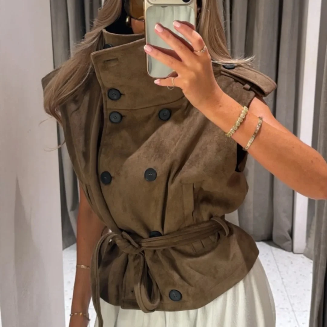 Women Brown Suede Vest Double Breasted Belted Sleeveless Jacket Lapel Short Trench Coat Loose Casual Waistcoat Overcoat 2026