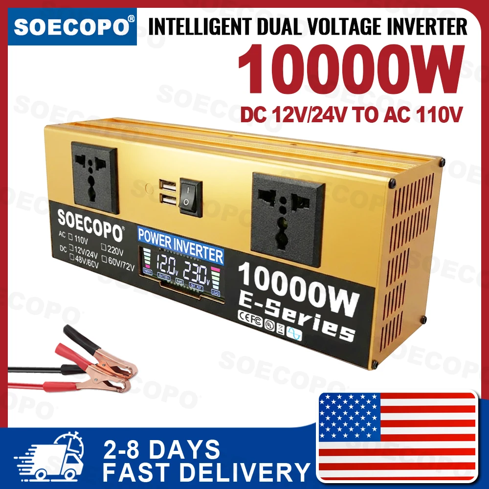 

US Stock SOECOPO 10000W Solar Inverter Generator DC 12V/24V Auto to AC 110V 120V Transformer Dual USB Fast Delivery for Camping