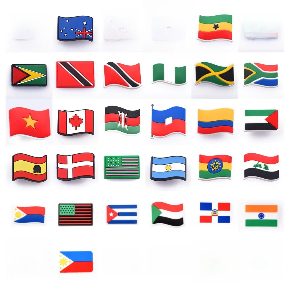 Breloques de chaussures avec drapeau différent de pays, modèles de chaussures souples, breloques de décoration, accessoires de chaussures en PVC souple pour sabots