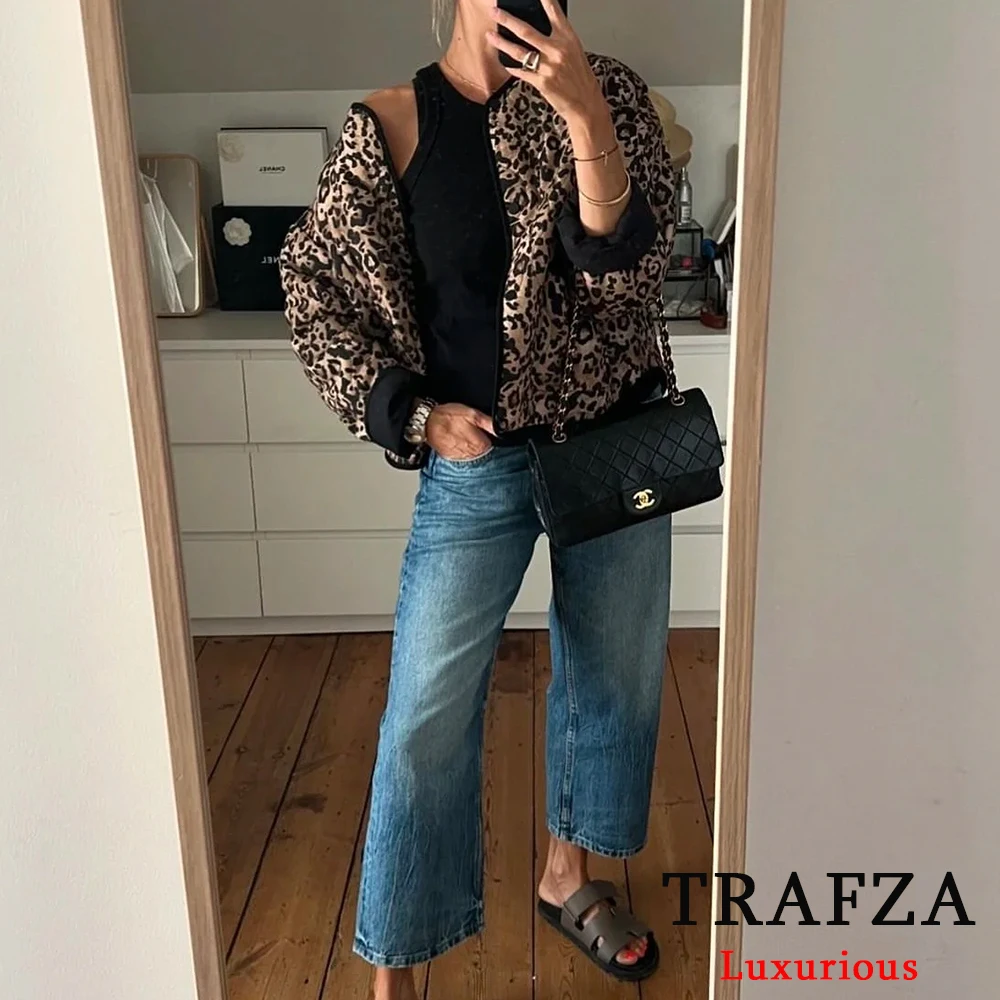 TRAFZA Casual Leopard Print Oversized Jackets Women Long Sleeve O Neck Buttons Coats Fashion 2024 Autumn Winter Female Outwears