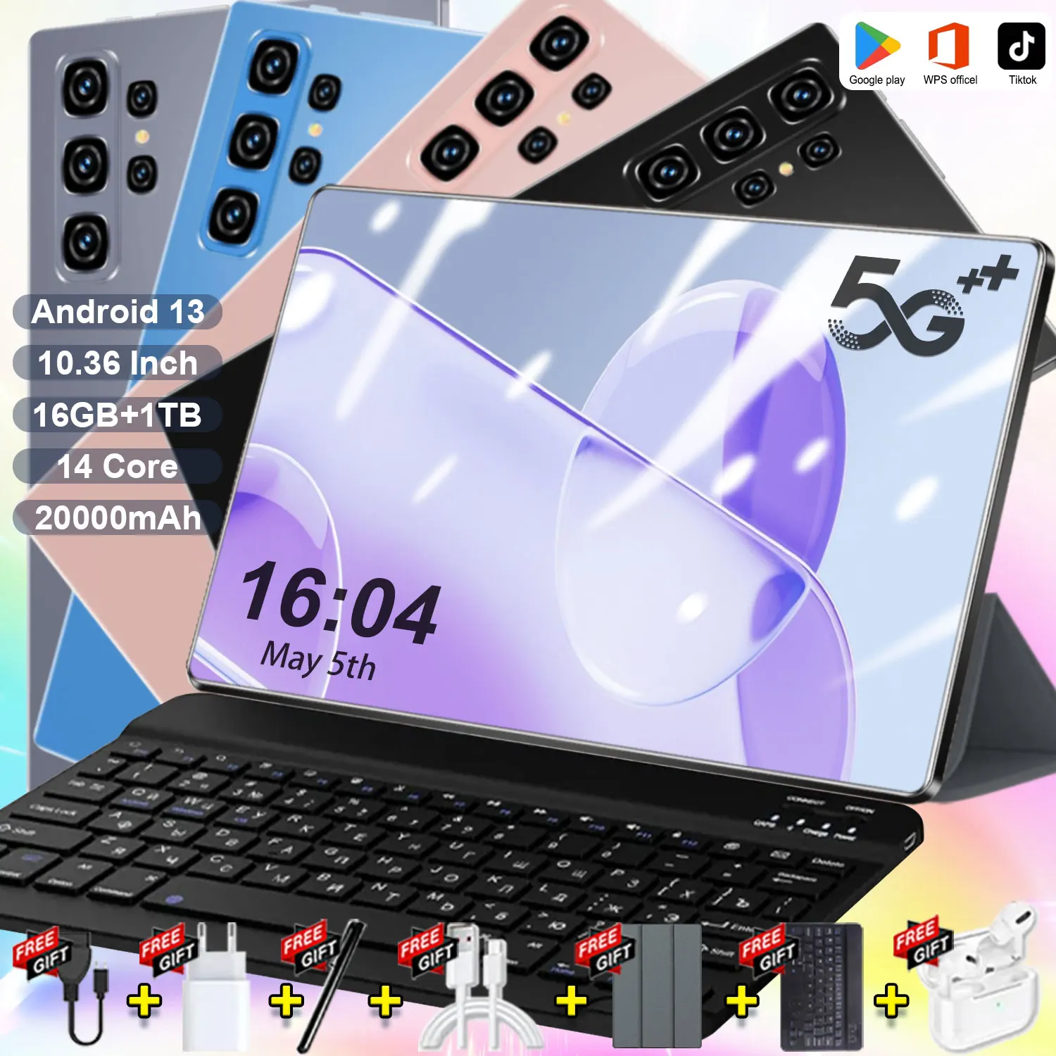 Tablette PC 5G version globale 2026, 16 Go + 1 To, écran 10,36 pouces, Android, WiFi, Bluetooth, 20000 mAh, Android 13, 16 MP, 32 MP, double SIM