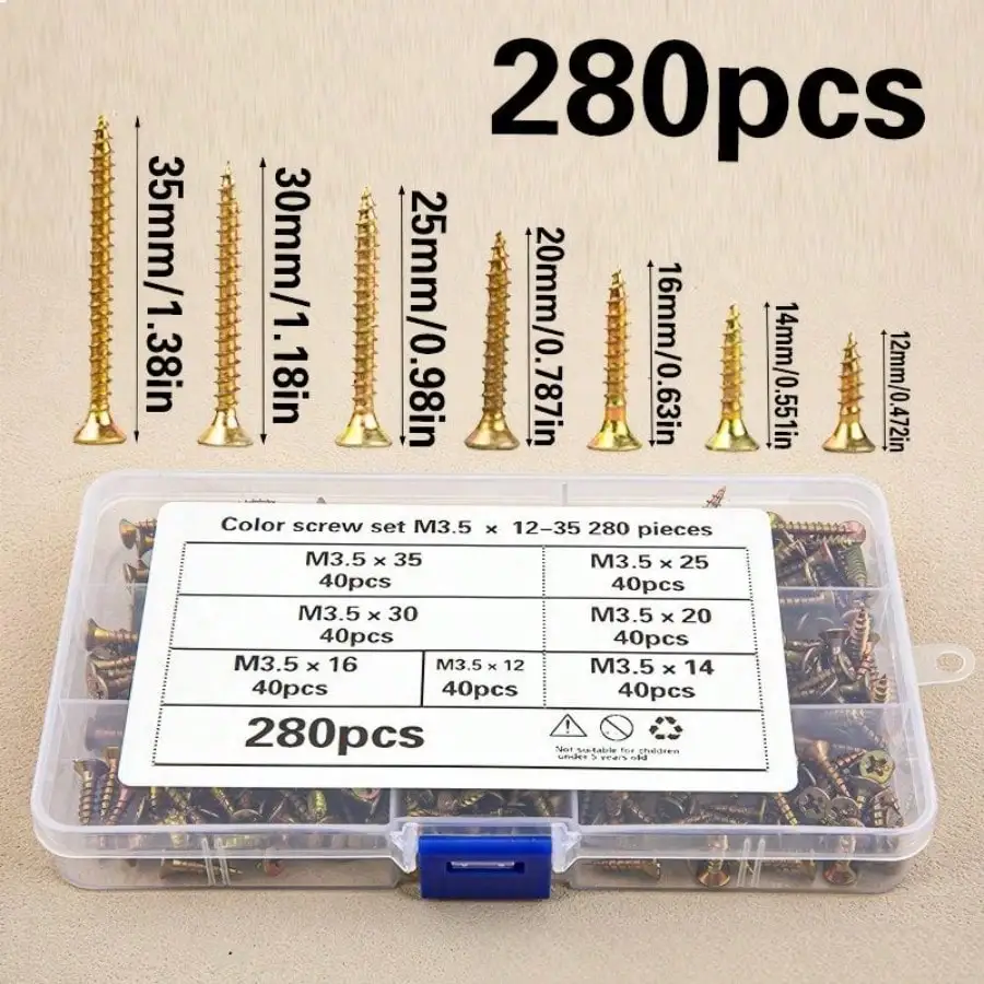 280pcs M3.5/12/14/16/20/25/30/35mm Countersunk Self-Tapping Screws Set, Colorful Cross Head for Industrial, Home, and Furniture