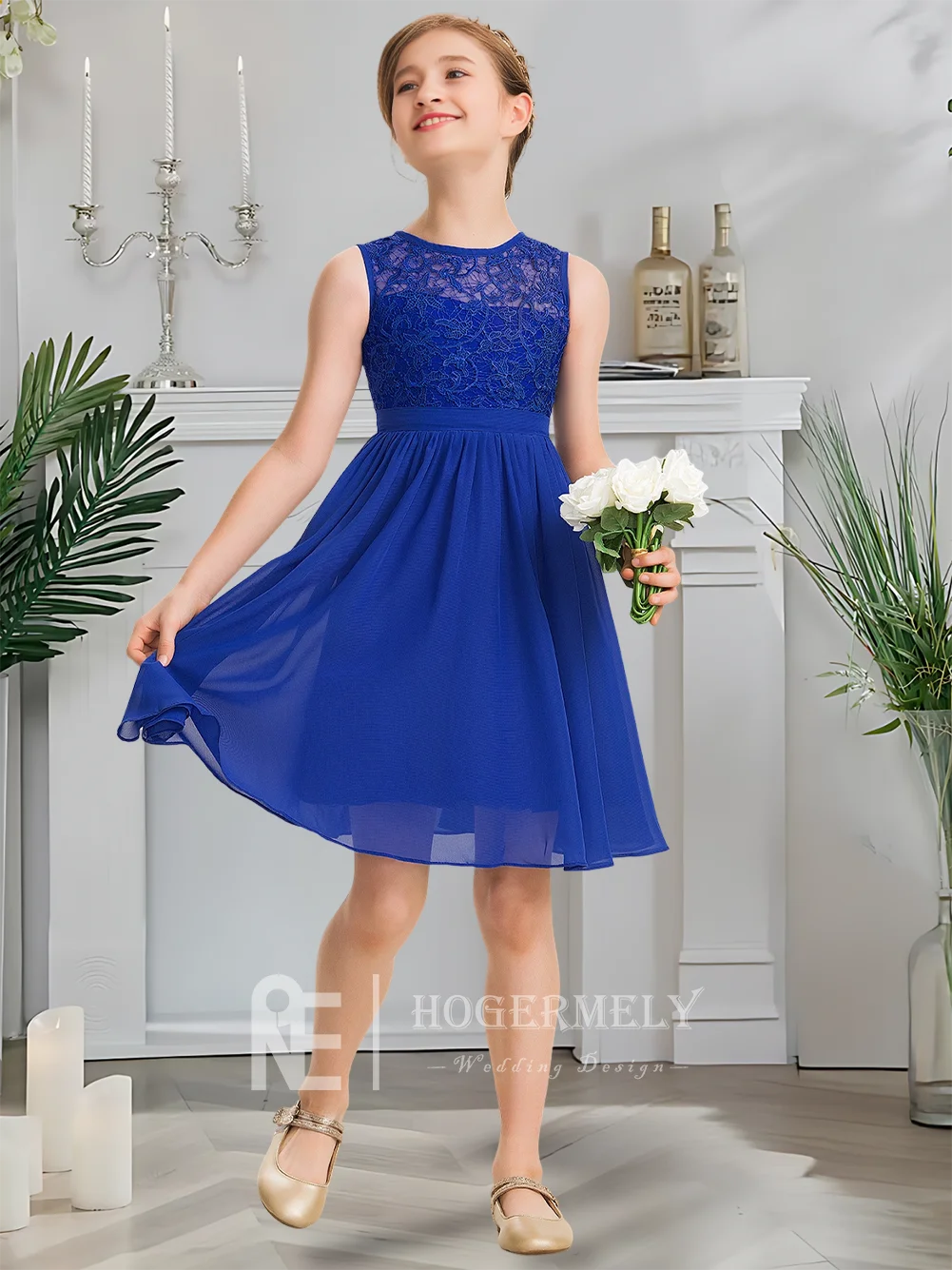 

SA Kids Scoop Neck Junior Bridesmaid Dress Sapphire Flower Girl Dress Knee-Length Chiffon Lace With Cascading Ruffles Wedding