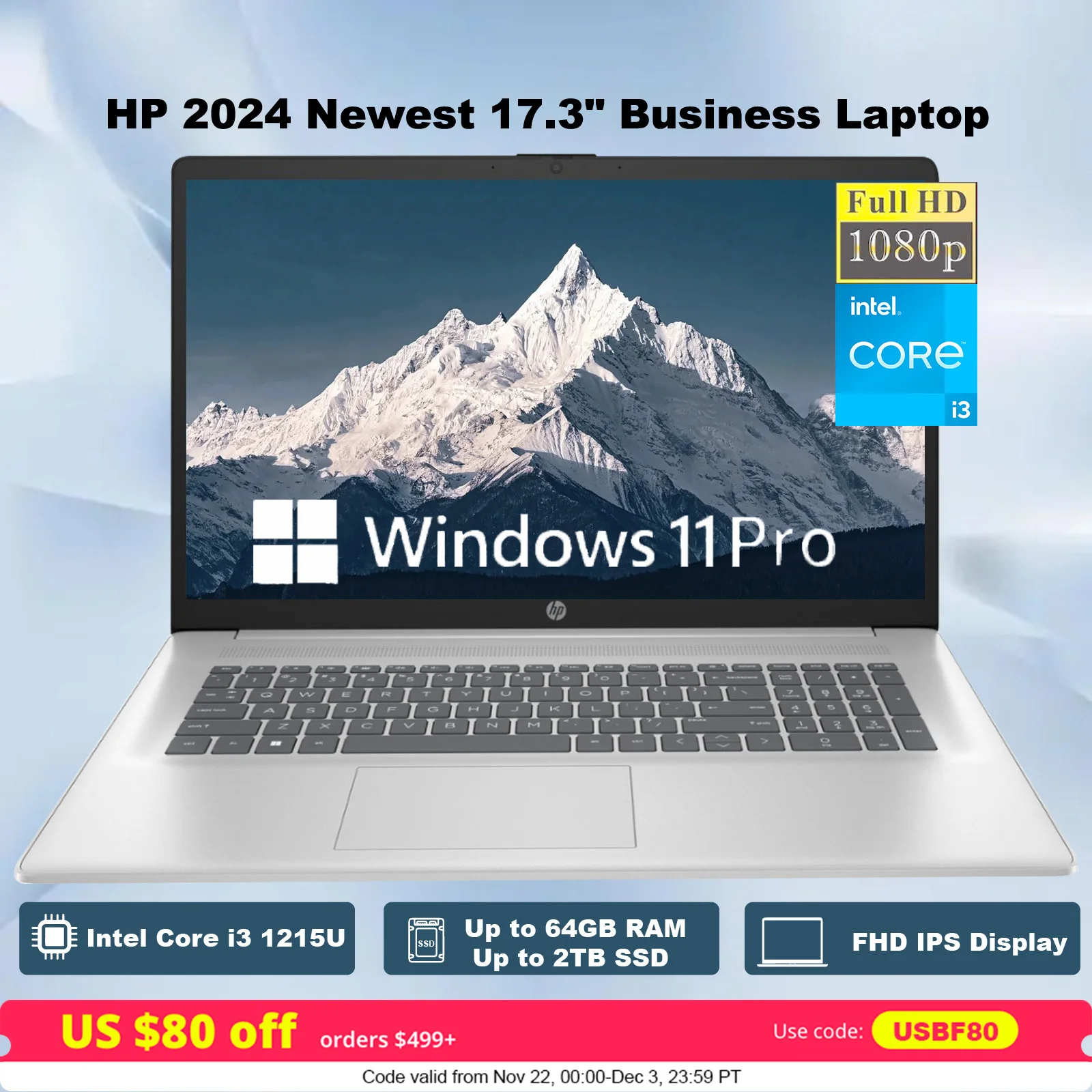 HP-ordenador portátil de 2024 pulgadas para negocios, Laptop FHD IPS, Intel Core i3 1215U, hasta 64GB de RAM, 2TB SSD, gráficos Intel UHD, Windows 11 Pro, novedad de 17,3