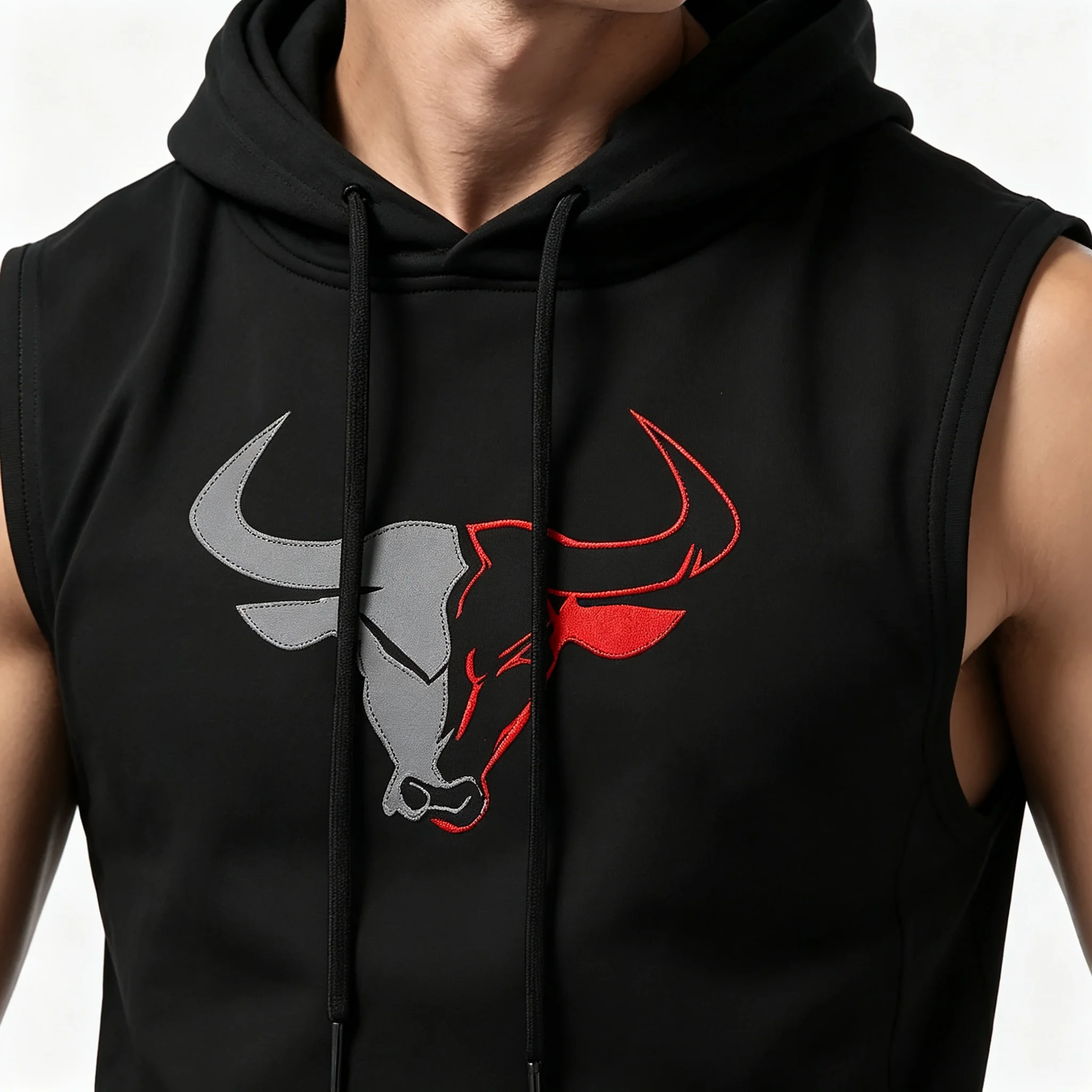 Herren Ärmelloses Hoodie-Tanktop mit Bullenkopf-Print, Fitness-Workout-Weste, Ärmelloses Kapuzenshirt, Lässige Sport-Tanktops – Detail 6